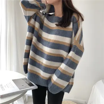 Rudens / žiemos naujas stilius ištižęs spalvų kontrastas juostele megztinis laisvi ir universalus, kurioje tendencijos plonu dugnu trikotažas