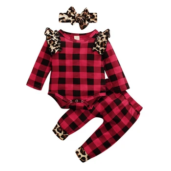 Rudenį Kūdikių Drabužiai Mergaitei Berniukui Ilgomis Rankovėmis Pledas Spausdinti Romper Viršuje +Kelnės Lankelis Outfits4