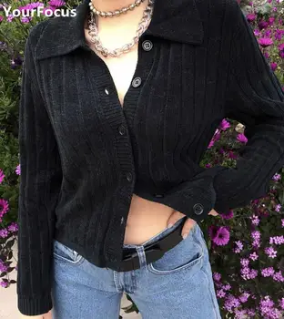Rudenį punk kawaii trumpas traukti femme sweter juoda vertikalios juostelės turn-žemyn apykaklės pasėlių džemperis moterims Šeniliniai megztas megztinis