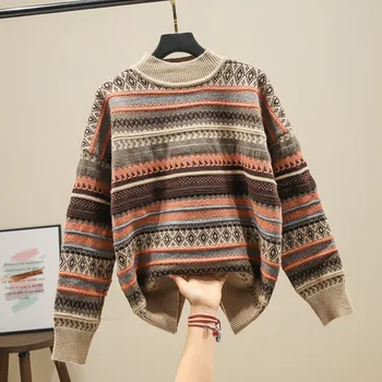 Rudenį, Žiemą Moterų Megztinis Europos Stiliaus Pusę Aukšto Kaklo Dryžuotas Žakardo Megztinis Megztinis Naujas Prarasti Laisvalaikio Megztiniai GX296