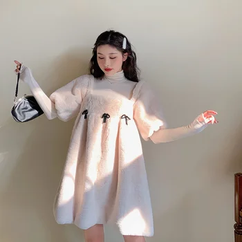 Saldus Korėjos Prašmatnus Rudenį Kailio Megztinis Suknelė Vienas Gabalas Japonijos Aikštė Apykaklės Saldus Pasakų Mini Suknelė Moterų Kawaii Lankas Pliušinis Suknelė