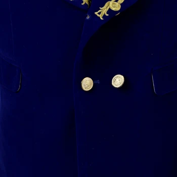 Scenoje Rodyti Dainininkas Dvigubo breasted atsitiktinis vyrų Kostiumas Striukė Skara Apykaklės Royal Blue Suede Siuvinėjimo Prarasti balck švarkas dizaino