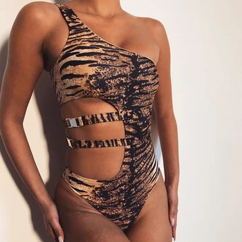 Seksualus vieną petį swimsuit moterys leopard maudymosi kostiumėlį vienas gabalas bodysuit diržo tuščiaviduriai iš sagtis maudymosi kostiumą moterų maudymosi kostiumėliai