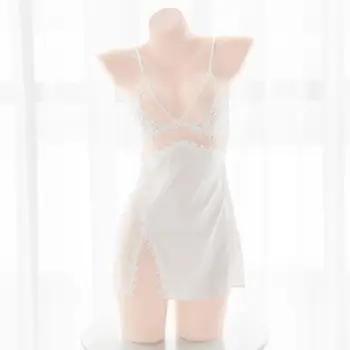 Sexy Moteris Šifono Satino Šilko Imitacijos Suspender Suknelė Backless Intymi Nightdress Gražus V-kaklo Vaiskiai Balta Nėrinių Apdaila Pižama