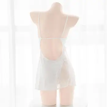 Sexy Moteris Šifono Satino Šilko Imitacijos Suspender Suknelė Backless Intymi Nightdress Gražus V-kaklo Vaiskiai Balta Nėrinių Apdaila Pižama