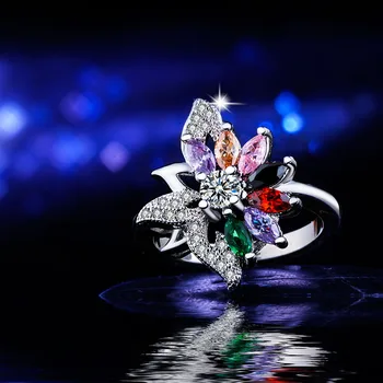 Sidabro padengtą Vestuviniai Žiedai moterims Gėlių spalvinga akmens rainbow crystal dovana karšto parduoti papuošalai Kubinis Cirkonis Vestuvinis Žiedas