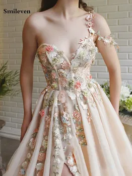 Smileven 3D Gėlės Vakaro Suknelės Sluoksniuotos Tiulio Priekiniai Padalinta Prom Šalis Suknelės Pasakų Longo Prom Chalatai