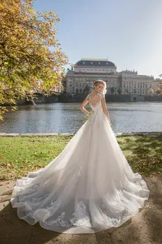 Spalvingas Appliques Koplyčia Traukinys Lace A-Line Wedding Dresses 2019 Seksualus, Trumpas Rankovės Derliaus Nuotakos Suknelė Vestido de Noiva