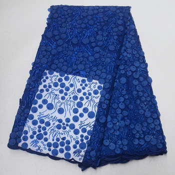 Spalvingas royal blue 3D nėrinių audinio, siuvinėta puošnios nuotakos tekstilės nėriniai, rankų darbo 3D perlai nėriniai už vestuves suknelė