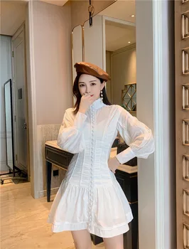 Super Mados Vieno Breated Royal Stiliaus Reljefiniai Rankovės Plonas Juosmens Balta Suknelė Madinga, Trumpa Suknelė