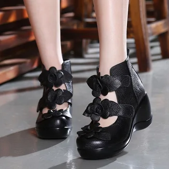 SWYIVY Moterų Sandalai Platforma Stambusis 2019 natūralios Odos Laisvalaikio Bateliai Moteriška Vasaros Sandalai moterims Gėlių Pleišto Batai Juoda