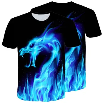 T-Marškinėliai Cool Vyrų 3D Blue Flame Dragon Print T-Shirt Vasaros trumpomis Rankovėmis Apvalios Kaklo Viršų