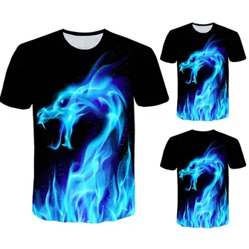 T-Marškinėliai Cool Vyrų 3D Blue Flame Dragon Print T-Shirt Vasaros trumpomis Rankovėmis Apvalios Kaklo Viršų