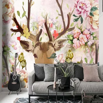 Tapetai, gėlių briedžių gyvūnų nuotraukų sienos freskos už kambarį sofos fone sienų dekoras tapetų dažymas aliejaus tapybai wapiti
