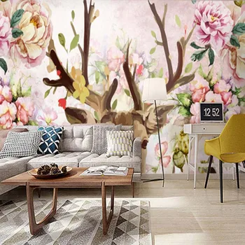 Tapetai, gėlių briedžių gyvūnų nuotraukų sienos freskos už kambarį sofos fone sienų dekoras tapetų dažymas aliejaus tapybai wapiti