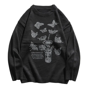 Unisex Megztos Gėlės Drugelis Megztiniai Megztinis Streetwear Mens Harajuku Hip-Hop Atsitiktinis Megztinis Trikotažas Viršūnes Viršutiniai Drabužiai Vyras