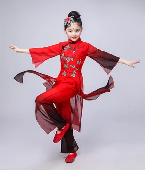 Vaikai hanfu klasikinio šokio yangko šokių scenos kostiumai rašalo klasikinio šokio kostiumai mergaičių praktikos drabužius šokių gerbėjas šokių