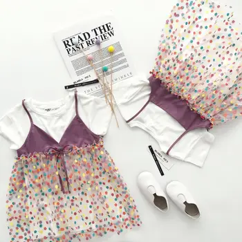 Vaikų vasaros suknelė kūdikių mergaičių drabužius Mergina spalva banga dot trumpas rankovėmis suknelė su tinklelio susiuvimo kūdikių sumemr suknelės
