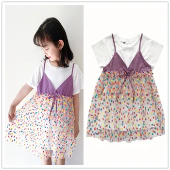 Vaikų vasaros suknelė kūdikių mergaičių drabužius Mergina spalva banga dot trumpas rankovėmis suknelė su tinklelio susiuvimo kūdikių sumemr suknelės