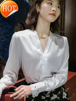 Vakarų Mados stiliaus šilko ruožas balti marškiniai Moterų išskirtinį siuvinėjimo dizainą V-kaklo šilko marškinėliai