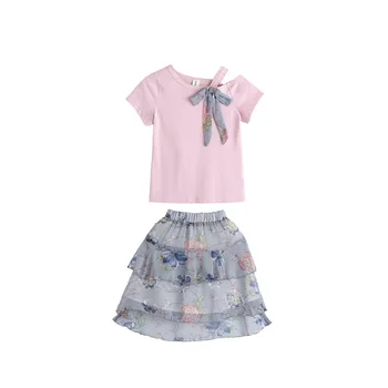 Vasarą Vaikams Baby Girl Drabužių Rinkiniai Trumpas Rankovės bowknot T-shirt Viršūnes + Šifono sijonas Princesė Vaikų Mergaičių 2vnt Kostiumai