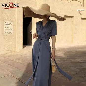 VICONE Elegantiškos prancūzų vario-amoniako šilko satino suknelė moterų temperamentas retro v-kaklo suknelė