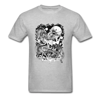 Viršūnės & Tees Vyrų Vilkas Spausdinimo T-shirt Retro Pilka Marškinėlius Moteris Japonijos Meno Projektavimo T Shirts High Street Drabužių Medvilnės Streetwear