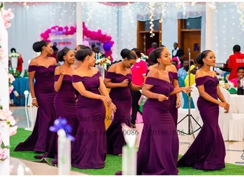 Vynuogių Brangioji Ilgai Bridesmaid Dresses Undinė Off Peties Afrikos, Nigerijos Vestidos Satino 2021 Vestuves Suknelė Moterims