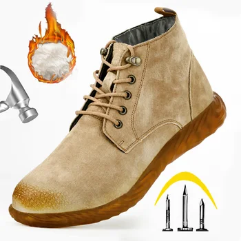 Vyrai Plieno Toe darbo saugos batai Žiemos didelis pliusas, aksomo, šiltas anti-smashing anti-piercing batai atsitiktinis Odos Želė vienintelis batai