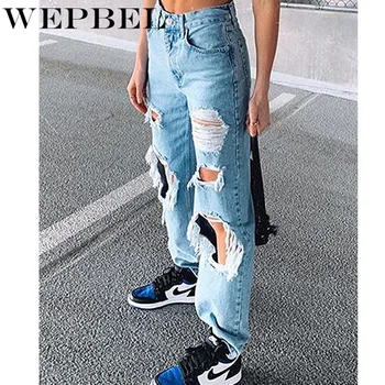 WEPBEL Mados Vidurio Juosmens Mygtuką Tiesūs Džinsai Moterų Atsitiktinis Skylę Balinti Ripped Jeans Rudenį