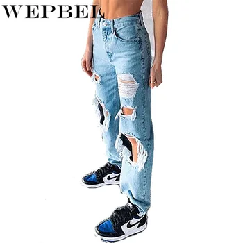 WEPBEL Mados Vidurio Juosmens Mygtuką Tiesūs Džinsai Moterų Atsitiktinis Skylę Balinti Ripped Jeans Rudenį