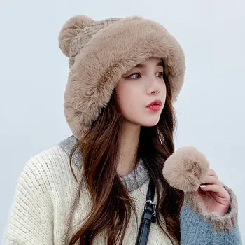 WFF rudens ir žiemos ponios grynos medvilnės kašmyro plius aksomo puloveris bžūp, mielas plius aksomo storio vientisos spalvos megzta kepurė