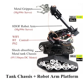 Wifi/ BT/ PS2 Valdymo Robotų Platforma Mobiliesiems amortizatoriumi Bakas, Važiuoklė Ir 8DOF Metalo Roboto Ranka Su Gripper Arduino 