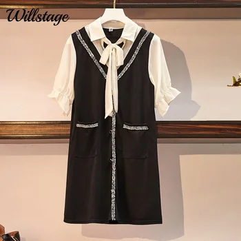 Willstage L - 4XL Suknelė moterų Plius dydis Elegantiška maža juoda Negabaritinių false dviejų dalių suknelė 2019 m. Vasarą trumpomis Rankovėmis vestidos