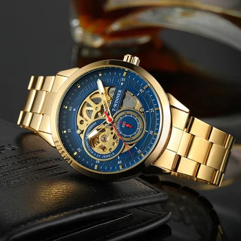 WINNER Mechaninis laikrodis Nerūdijančio Plieno Dirželis Skeletas Aukso Mėlyna Žiūrėti Top Brand Prabangių Verslo Žiūrėti Šviesos Vyrų Laikrodžiai
