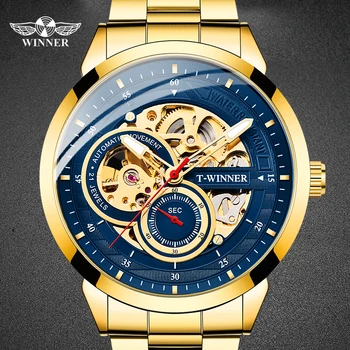 WINNER Mechaninis laikrodis Nerūdijančio Plieno Dirželis Skeletas Aukso Mėlyna Žiūrėti Top Brand Prabangių Verslo Žiūrėti Šviesos Vyrų Laikrodžiai