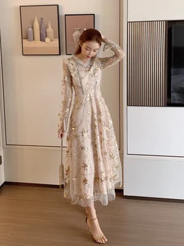 YAMDI china šalis, ilgomis rankovėmis pavasario vasaros elegantiškas nėrinių akių suknelės moterims 2020-line suknelė prabangių senovinių kilimo ir tūpimo tako boho vestid