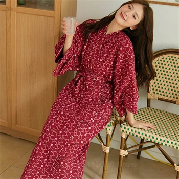 Yukata Japonų Kimono vientisos Spalvos Mantija Rinkiniai, Medvilnės Pižama Moterims ilgomis Rankovėmis Gėlių Spausdinti Prarasti Komforto Homewear Rudenį Merginos