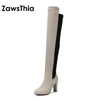 ZawsThia 2020 m. žiemos naujas lycra stretch audinys šlaunies batai, aukštakulniai batai, moteris per kelio auliniai batai moterims overknee batai