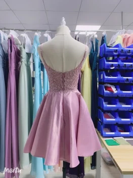 šviesiai rausvai violetinės spalvos satino nėriniais 2020 homecoming suknelė naują luckgirls Siuvinėjimo spausdinti V-kaklo, kelio ilgis grožio Šalis Homecoming Suknelės