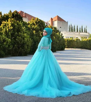 Žavinga ilgomis Rankovėmis Aukštu Kaklu Musulmonų 2018 Blue-line Nėrinių Nuotakos Suknelė Kristalų chalatas de mariage motina nuotakos suknelės