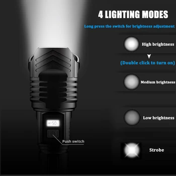 Žibintuvėlis Galingas LED žibintuvėlis Fakelas USB Įkrovimo Taktinis Lanterna 26650 Baterija Lauko Žibintas Linterna dėklas kempingas